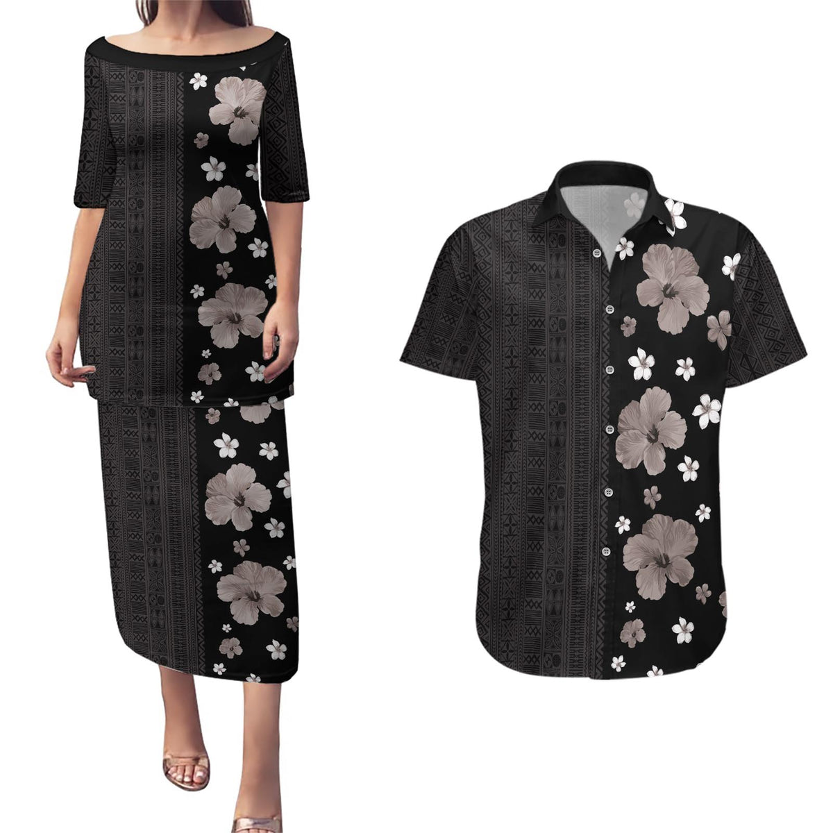 Hawaii Hibiscus and Plumeria Flowers Couples Matching Puletasi and Hawaiian Shirt Tapa Tribal Pattern Half Style Grayscale Mode LT03 Black - Polynesian Pride