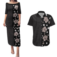 Hawaii Hibiscus and Plumeria Flowers Couples Matching Puletasi and Hawaiian Shirt Tapa Tribal Pattern Half Style Grayscale Mode LT03 Black - Polynesian Pride