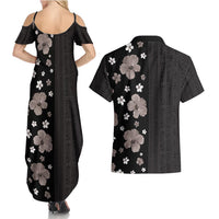 Hawaii Hibiscus and Plumeria Flowers Couples Matching Summer Maxi Dress and Hawaiian Shirt Tapa Tribal Pattern Half Style Grayscale Mode LT03 - Polynesian Pride