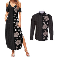 Hawaii Hibiscus and Plumeria Flowers Couples Matching Summer Maxi Dress and Long Sleeve Button Shirt Tapa Tribal Pattern Half Style Grayscale Mode LT03 Black - Polynesian Pride
