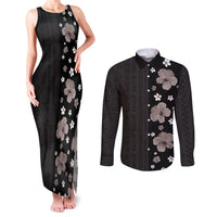 Hawaii Hibiscus and Plumeria Flowers Couples Matching Tank Maxi Dress and Long Sleeve Button Shirt Tapa Tribal Pattern Half Style Grayscale Mode LT03 Black - Polynesian Pride