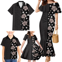 Hawaii Hibiscus and Plumeria Flowers Family Matching Mermaid Dress and Hawaiian Shirt Tapa Tribal Pattern Half Style Grayscale Mode LT03 - Polynesian Pride