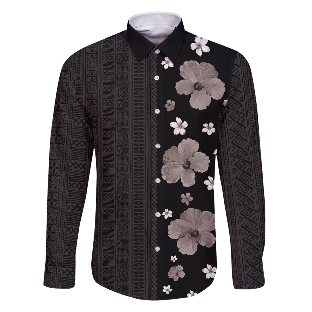 Hawaii Hibiscus and Plumeria Flowers Family Matching Mermaid Dress and Hawaiian Shirt Tapa Tribal Pattern Half Style Grayscale Mode LT03 Dad's Shirt - Long Sleeve Black - Polynesian Pride