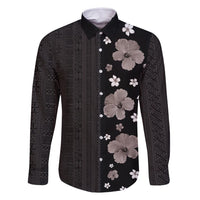 Hawaii Hibiscus and Plumeria Flowers Family Matching Mermaid Dress and Hawaiian Shirt Tapa Tribal Pattern Half Style Grayscale Mode LT03 Dad's Shirt - Long Sleeve Black - Polynesian Pride