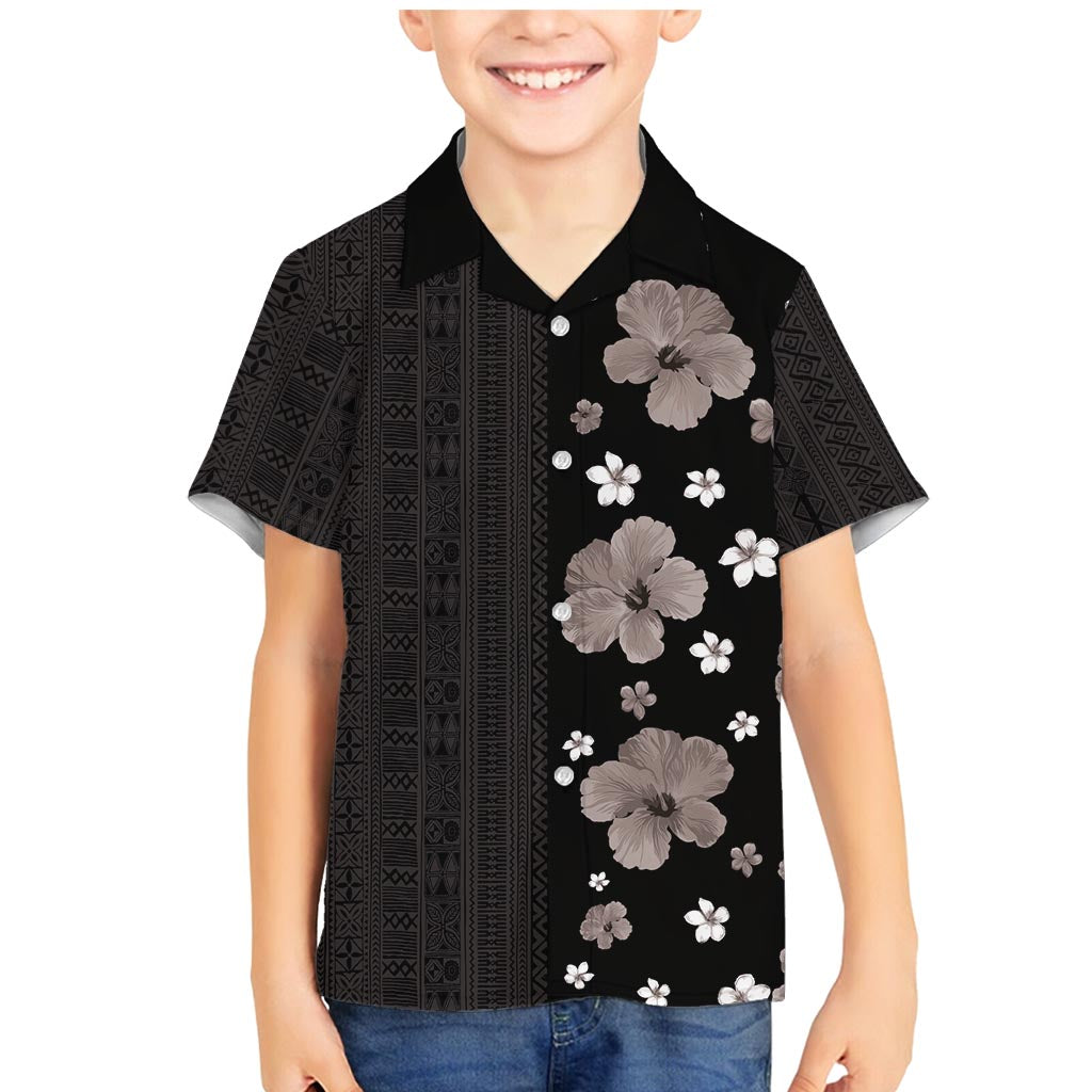 Hawaii Hibiscus and Plumeria Flowers Family Matching Mermaid Dress and Hawaiian Shirt Tapa Tribal Pattern Half Style Grayscale Mode LT03 Son's Shirt Black - Polynesian Pride