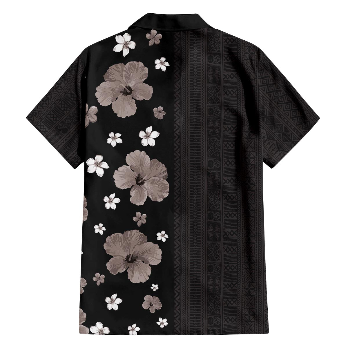Hawaii Hibiscus and Plumeria Flowers Family Matching Off The Shoulder Long Sleeve Dress and Hawaiian Shirt Tapa Tribal Pattern Half Style Grayscale Mode