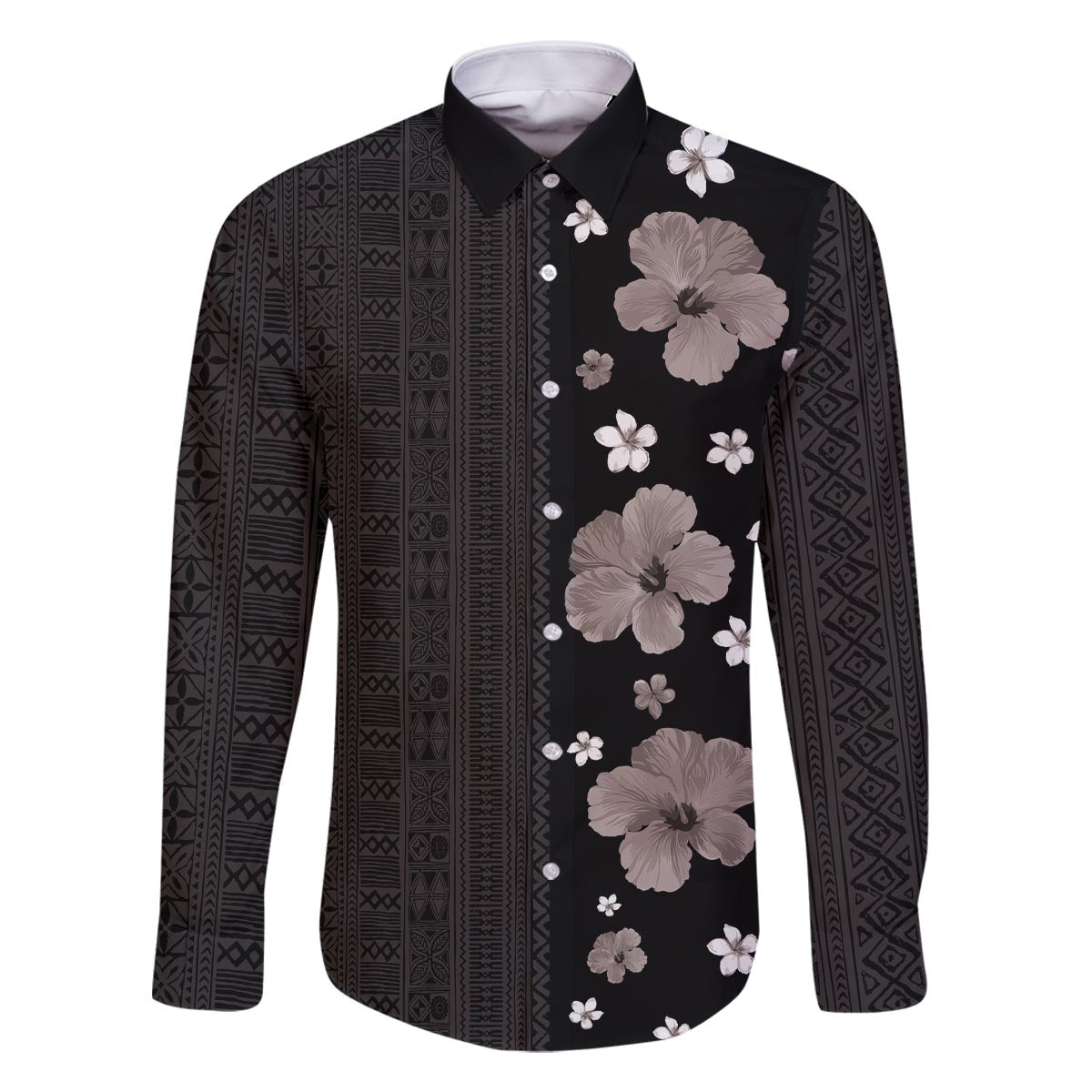 Hawaii Hibiscus and Plumeria Flowers Family Matching Off The Shoulder Long Sleeve Dress and Hawaiian Shirt Tapa Tribal Pattern Half Style Grayscale Mode