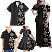 Hawaii Hibiscus and Plumeria Flowers Family Matching Off Shoulder Maxi Dress and Hawaiian Shirt Tapa Tribal Pattern Half Style Grayscale Mode LT03 - Polynesian Pride