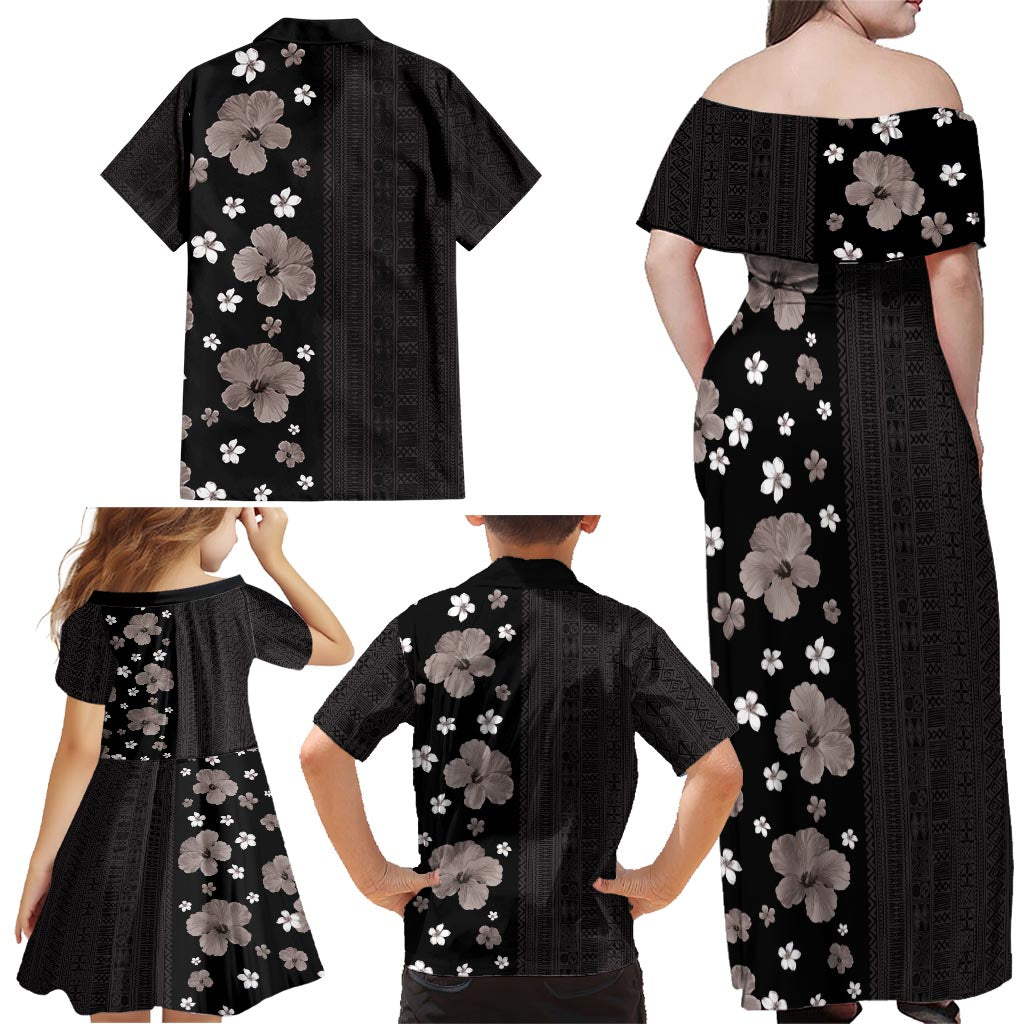 Hawaii Hibiscus and Plumeria Flowers Family Matching Off Shoulder Maxi Dress and Hawaiian Shirt Tapa Tribal Pattern Half Style Grayscale Mode LT03 - Polynesian Pride