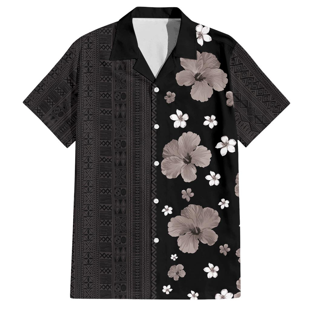 Hawaii Hibiscus and Plumeria Flowers Family Matching Off Shoulder Maxi Dress and Hawaiian Shirt Tapa Tribal Pattern Half Style Grayscale Mode LT03 Dad's Shirt - Short Sleeve Black - Polynesian Pride