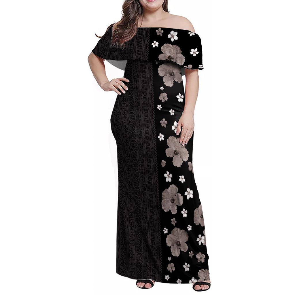 Hawaii Hibiscus and Plumeria Flowers Family Matching Off Shoulder Maxi Dress and Hawaiian Shirt Tapa Tribal Pattern Half Style Grayscale Mode LT03 Mom's Dress Black - Polynesian Pride