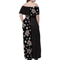 Hawaii Hibiscus and Plumeria Flowers Family Matching Off Shoulder Maxi Dress and Hawaiian Shirt Tapa Tribal Pattern Half Style Grayscale Mode LT03 - Polynesian Pride