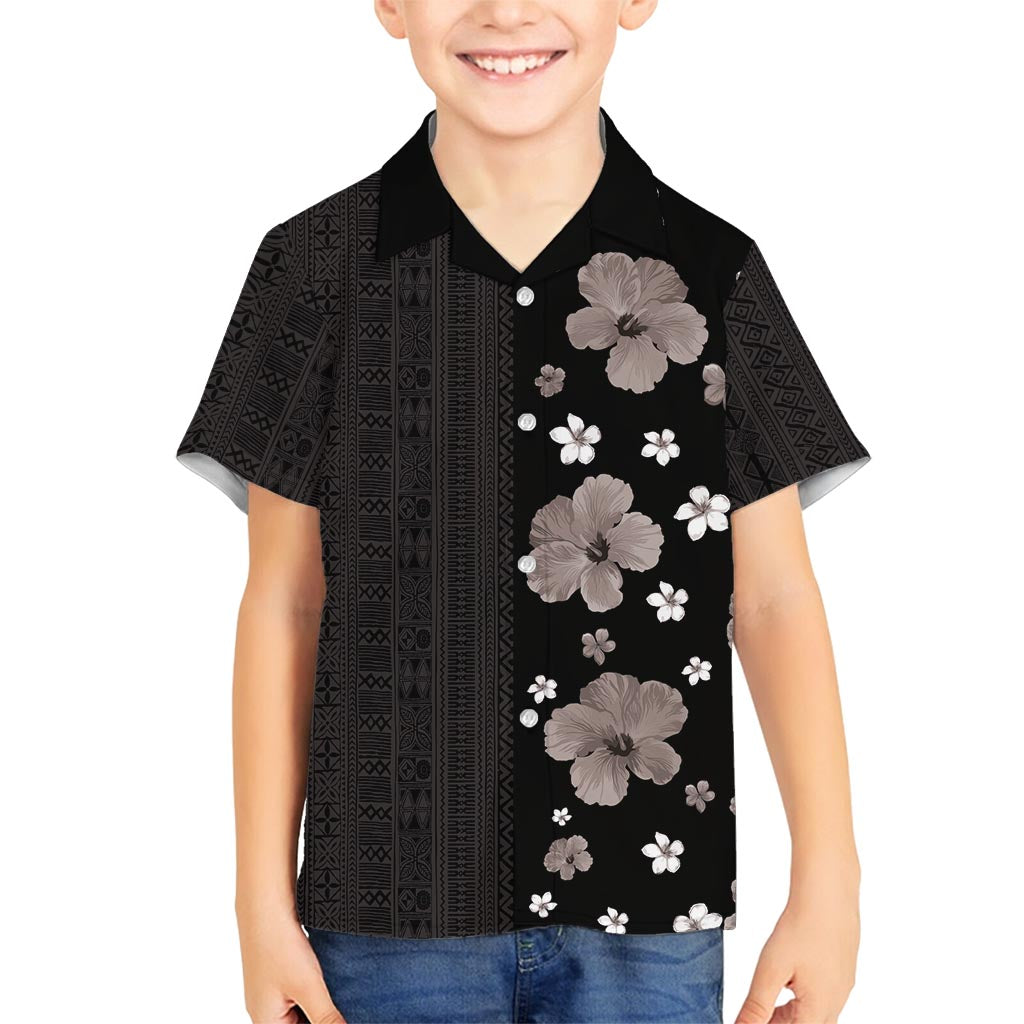Hawaii Hibiscus and Plumeria Flowers Family Matching Off Shoulder Maxi Dress and Hawaiian Shirt Tapa Tribal Pattern Half Style Grayscale Mode LT03 Son's Shirt Black - Polynesian Pride