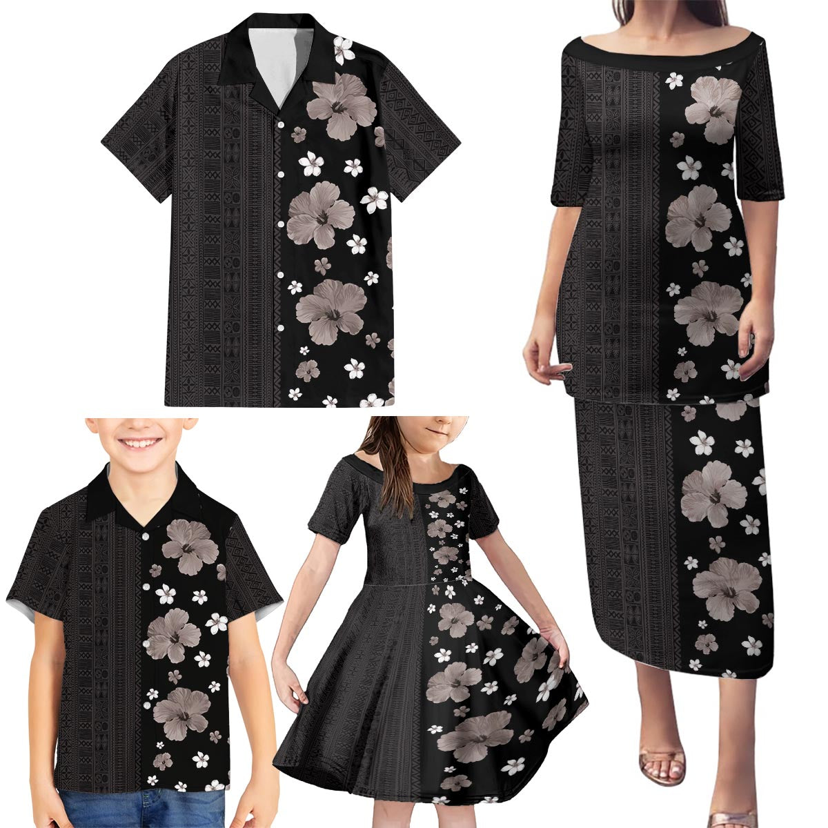 Hawaii Hibiscus and Plumeria Flowers Family Matching Puletasi and Hawaiian Shirt Tapa Tribal Pattern Half Style Grayscale Mode LT03 - Polynesian Pride