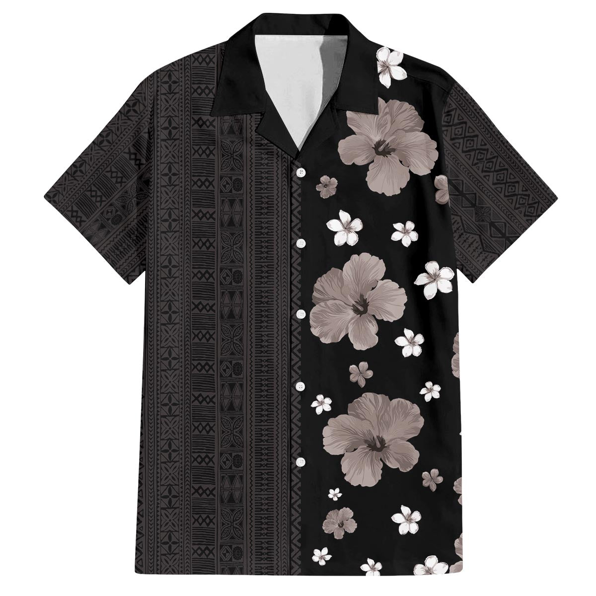 Hawaii Hibiscus and Plumeria Flowers Family Matching Puletasi and Hawaiian Shirt Tapa Tribal Pattern Half Style Grayscale Mode LT03 Dad's Shirt - Short Sleeve Black - Polynesian Pride