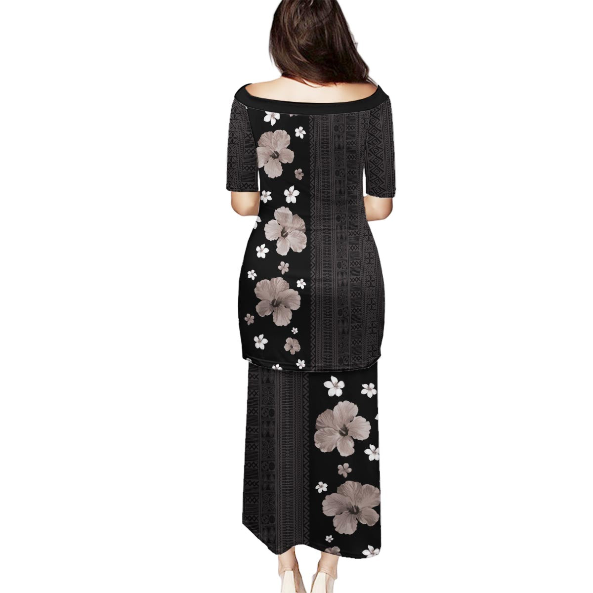 Hawaii Hibiscus and Plumeria Flowers Family Matching Puletasi and Hawaiian Shirt Tapa Tribal Pattern Half Style Grayscale Mode LT03 - Polynesian Pride