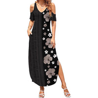 Hawaii Hibiscus and Plumeria Flowers Family Matching Summer Maxi Dress and Hawaiian Shirt Tapa Tribal Pattern Half Style Grayscale Mode