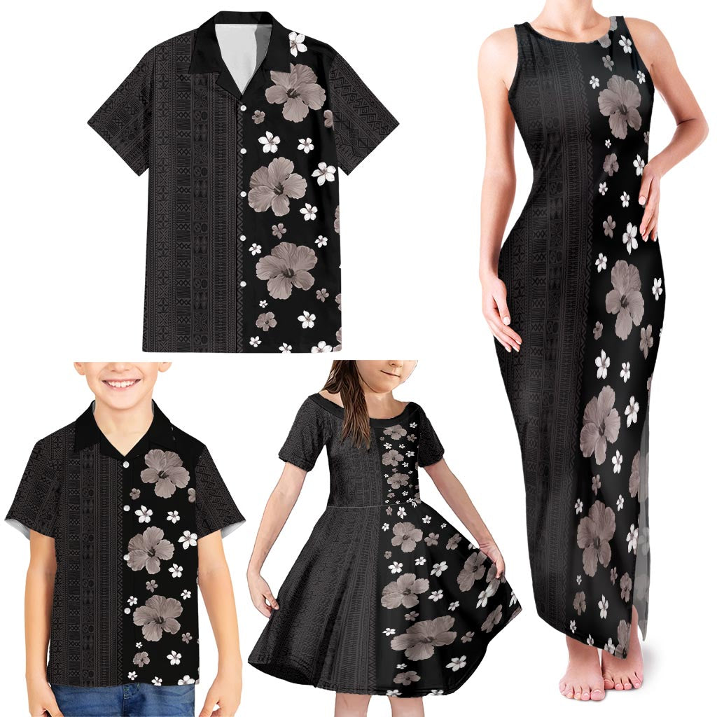 Hawaii Hibiscus and Plumeria Flowers Family Matching Tank Maxi Dress and Hawaiian Shirt Tapa Tribal Pattern Half Style Grayscale Mode