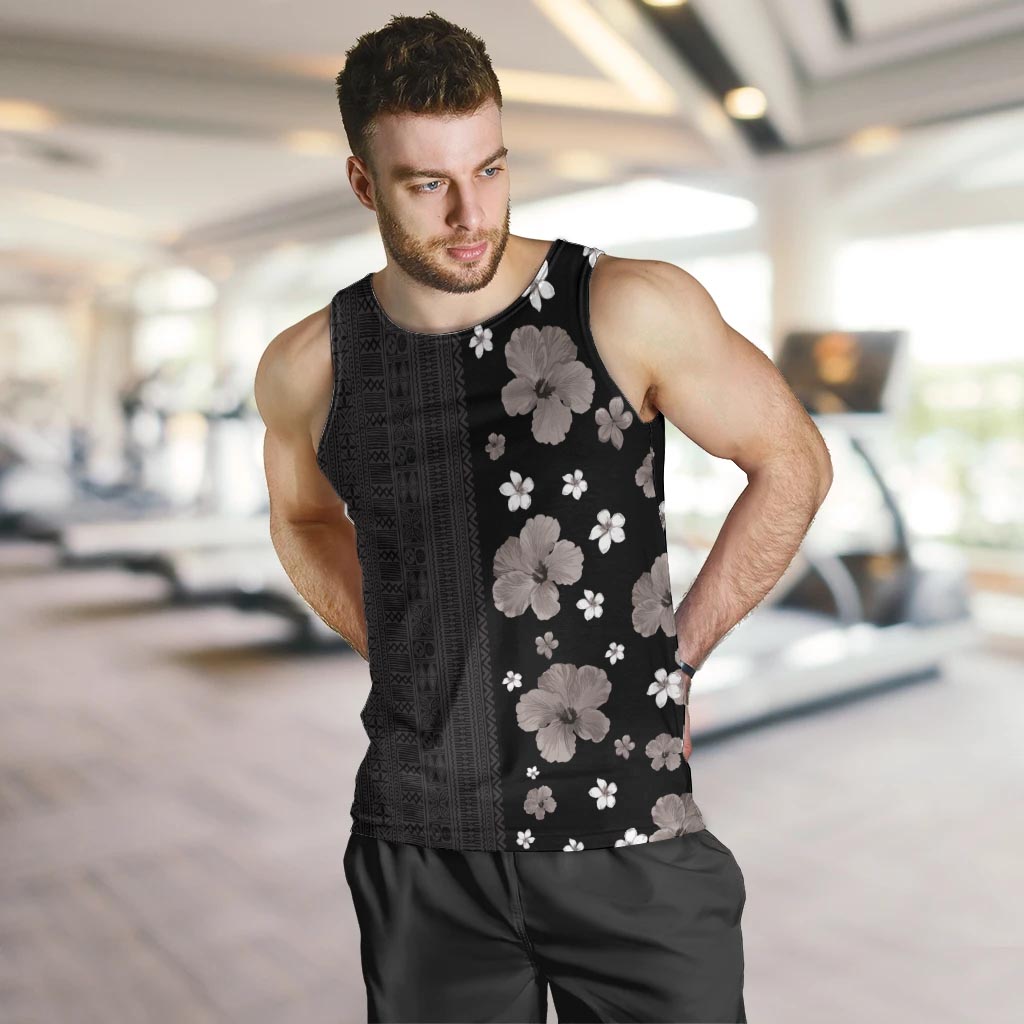 Hawaii Hibiscus and Plumeria Flowers Men Tank Top Tapa Tribal Pattern Half Style Grayscale Mode LT03 Black - Polynesian Pride