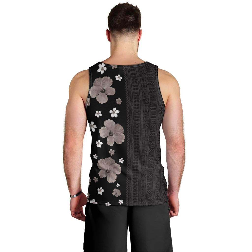 Hawaii Hibiscus and Plumeria Flowers Men Tank Top Tapa Tribal Pattern Half Style Grayscale Mode LT03 - Polynesian Pride