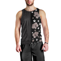 Hawaii Hibiscus and Plumeria Flowers Men Tank Top Tapa Tribal Pattern Half Style Grayscale Mode LT03 - Polynesian Pride
