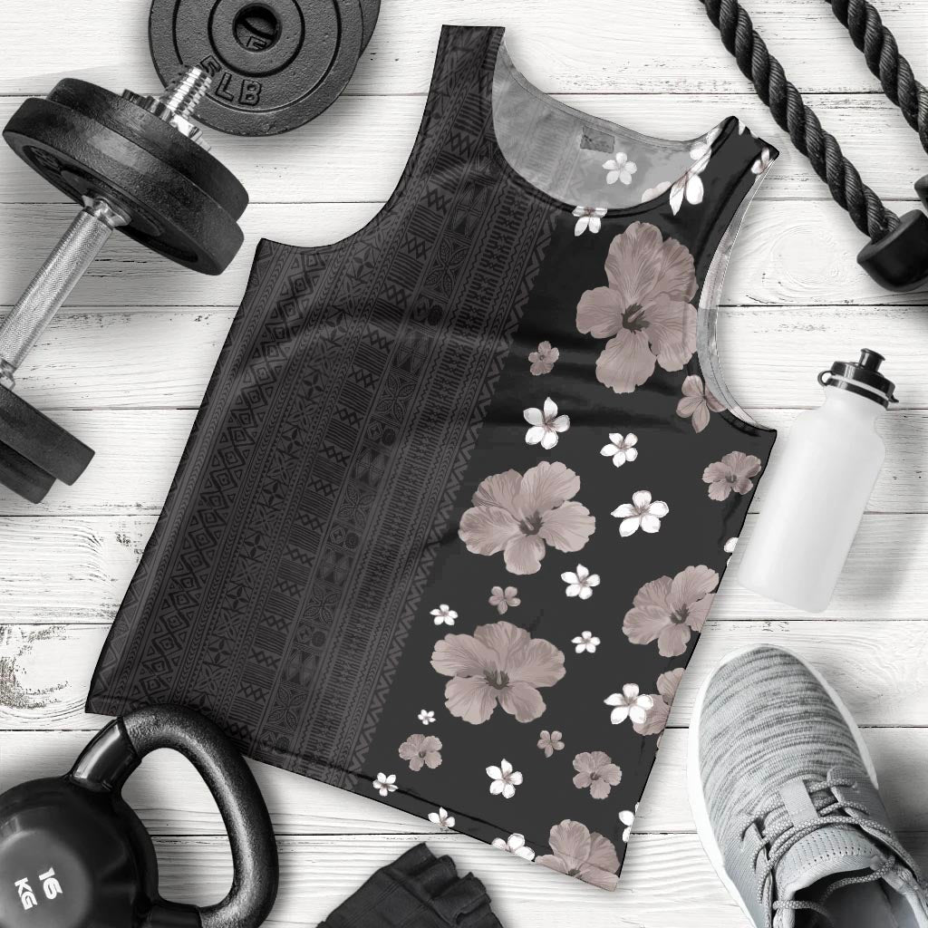 Hawaii Hibiscus and Plumeria Flowers Men Tank Top Tapa Tribal Pattern Half Style Grayscale Mode LT03 - Polynesian Pride