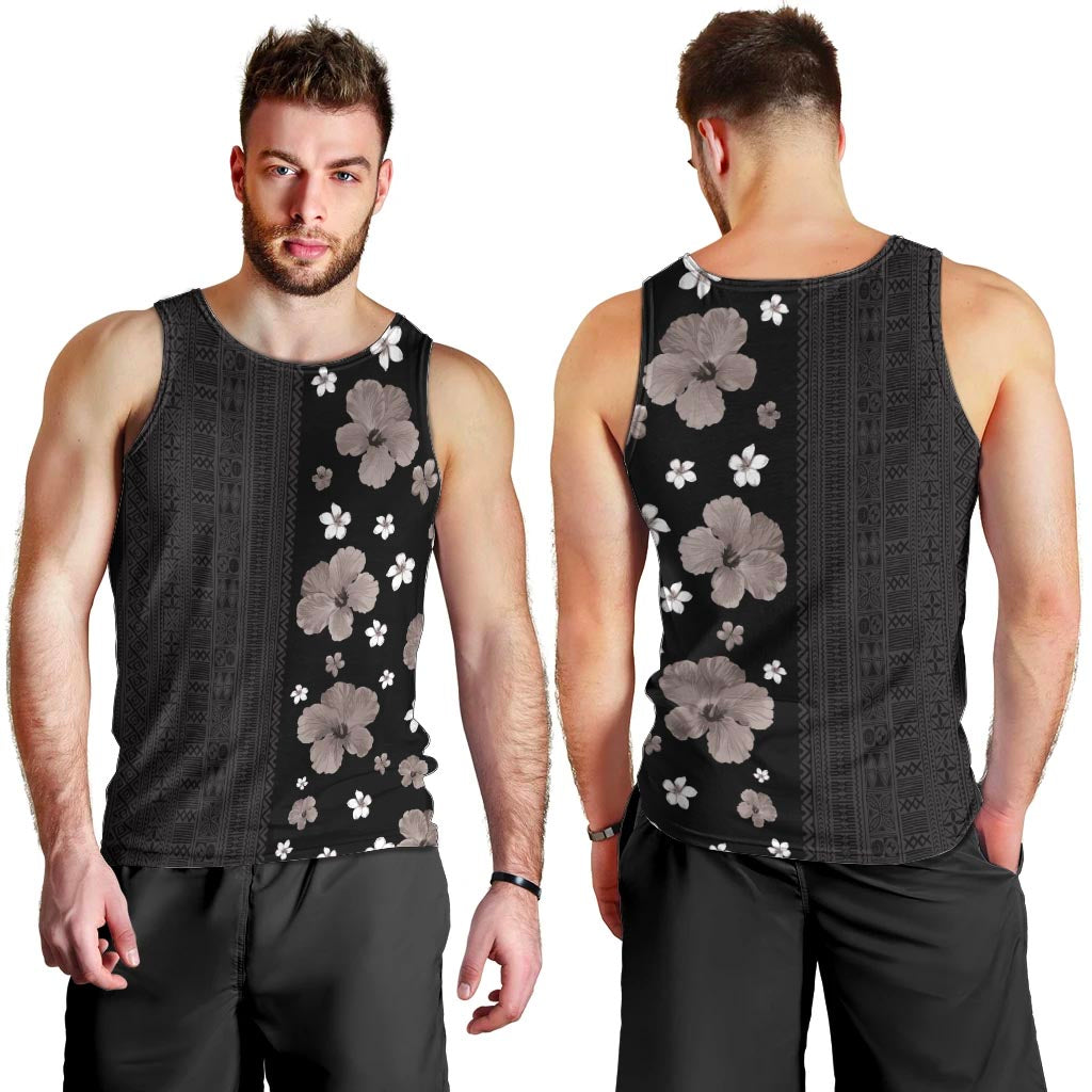 Hawaii Hibiscus and Plumeria Flowers Men Tank Top Tapa Tribal Pattern Half Style Grayscale Mode LT03 - Polynesian Pride