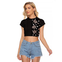 Hawaii Hibiscus and Plumeria Flowers Raglan Cropped T Shirt Tapa Tribal Pattern Half Style Grayscale Mode