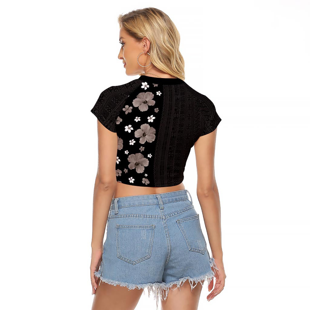 Hawaii Hibiscus and Plumeria Flowers Raglan Cropped T Shirt Tapa Tribal Pattern Half Style Grayscale Mode
