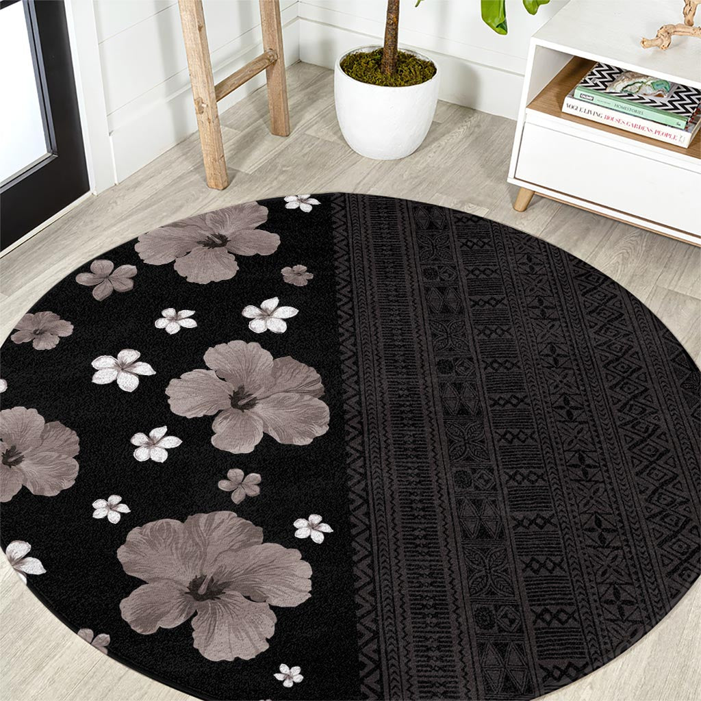 Hawaii Hibiscus and Plumeria Flowers Round Carpet Tapa Tribal Pattern Half Style Grayscale Mode LT03 Black - Polynesian Pride