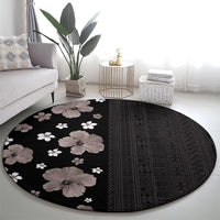 Hawaii Hibiscus and Plumeria Flowers Round Carpet Tapa Tribal Pattern Half Style Grayscale Mode LT03 - Polynesian Pride