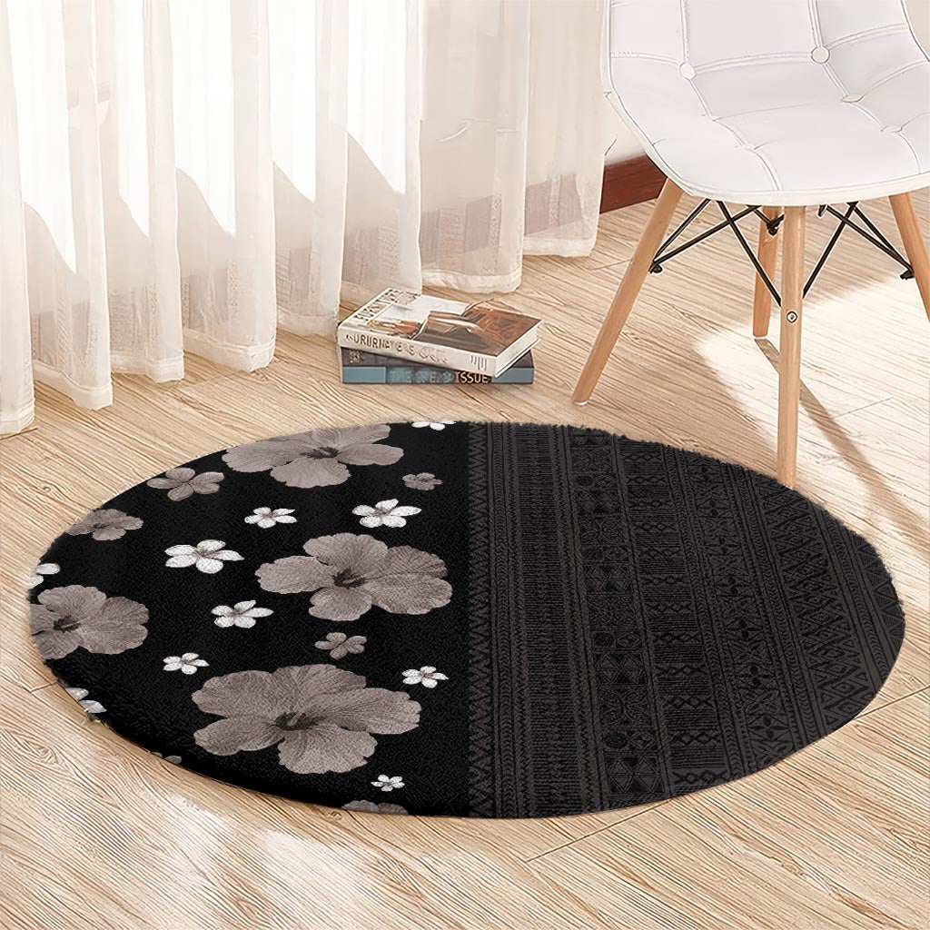 Hawaii Hibiscus and Plumeria Flowers Round Carpet Tapa Tribal Pattern Half Style Grayscale Mode LT03 - Polynesian Pride