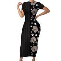Hawaii Hibiscus and Plumeria Flowers Short Sleeve Bodycon Dress Tapa Tribal Pattern Half Style Grayscale Mode LT03 Long Dress Black - Polynesian Pride