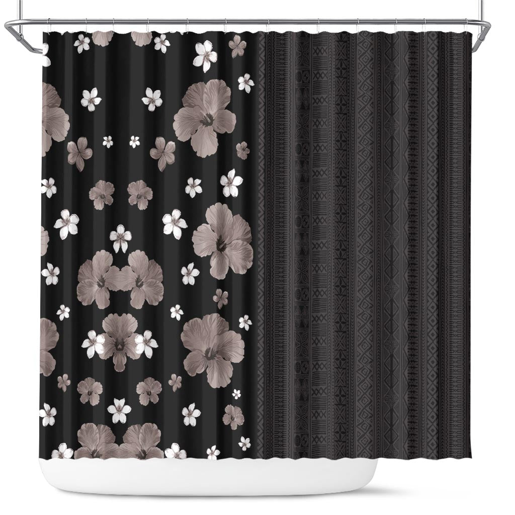 Hawaii Hibiscus and Plumeria Flowers Shower Curtain Tapa Tribal Pattern Half Style Grayscale Mode LT03 Black - Polynesian Pride