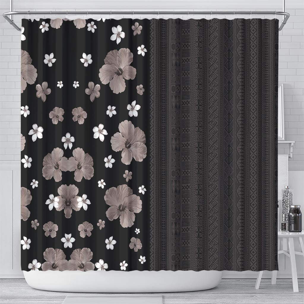 Hawaii Hibiscus and Plumeria Flowers Shower Curtain Tapa Tribal Pattern Half Style Grayscale Mode LT03 - Polynesian Pride