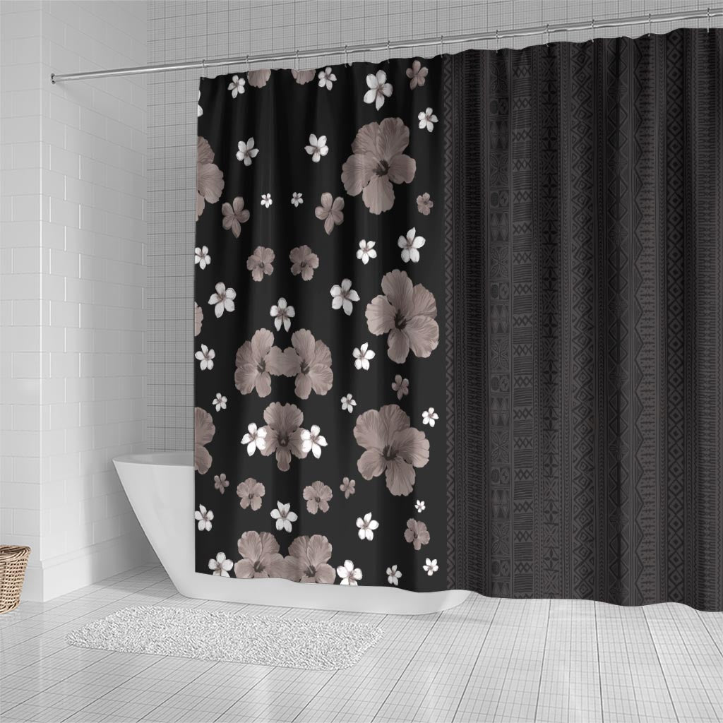 Hawaii Hibiscus and Plumeria Flowers Shower Curtain Tapa Tribal Pattern Half Style Grayscale Mode LT03 - Polynesian Pride