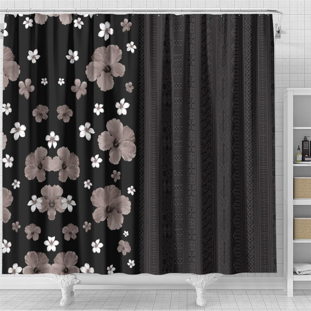 Hawaii Hibiscus and Plumeria Flowers Shower Curtain Tapa Tribal Pattern Half Style Grayscale Mode LT03 - Polynesian Pride