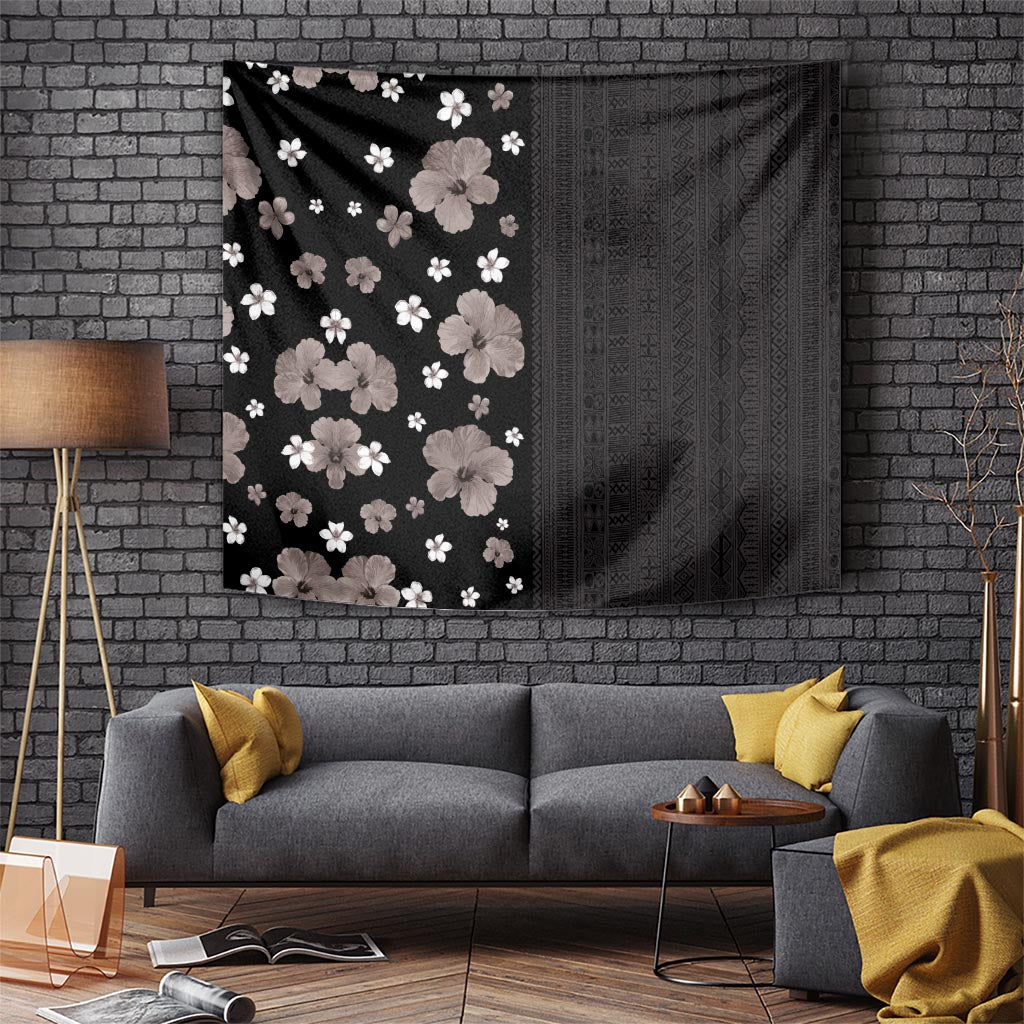 Hawaii Hibiscus and Plumeria Flowers Tapestry Tapa Tribal Pattern Half Style Grayscale Mode LT03 - Polynesian Pride