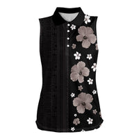 Hawaii Hibiscus and Plumeria Flowers Women Sleeveless Polo Shirt Tapa Tribal Pattern Half Style Grayscale Mode LT03 Female Black - Polynesian Pride