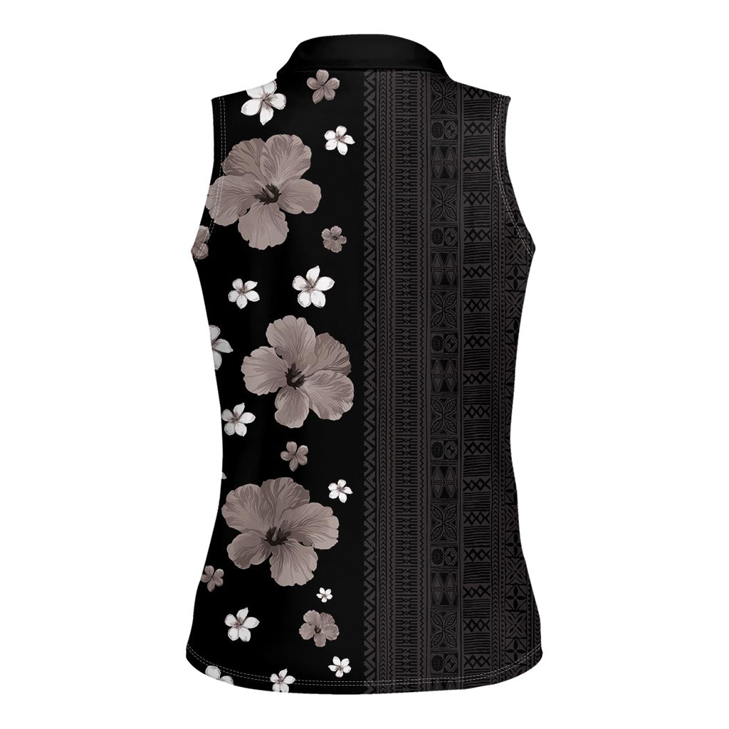 Hawaii Hibiscus and Plumeria Flowers Women Sleeveless Polo Shirt Tapa Tribal Pattern Half Style Grayscale Mode LT03 - Polynesian Pride
