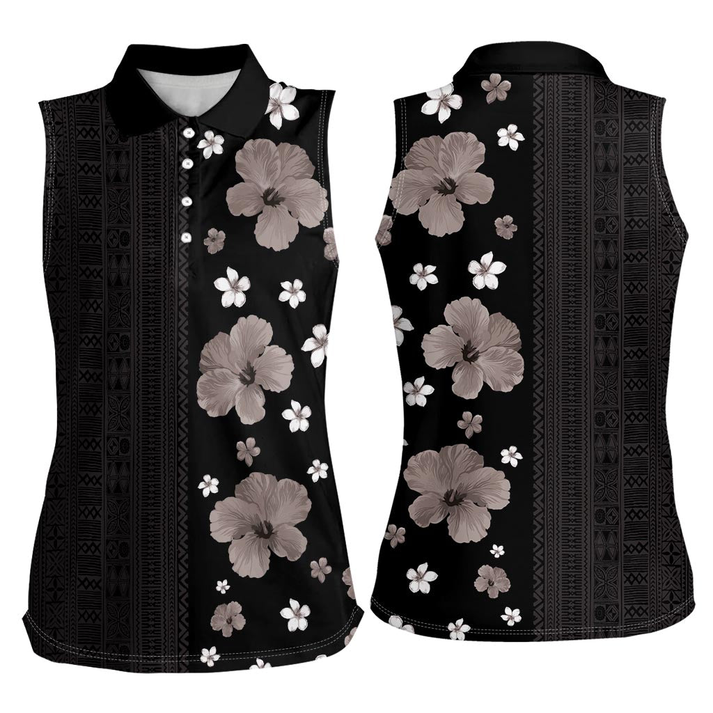 Hawaii Hibiscus and Plumeria Flowers Women Sleeveless Polo Shirt Tapa Tribal Pattern Half Style Grayscale Mode LT03 - Polynesian Pride
