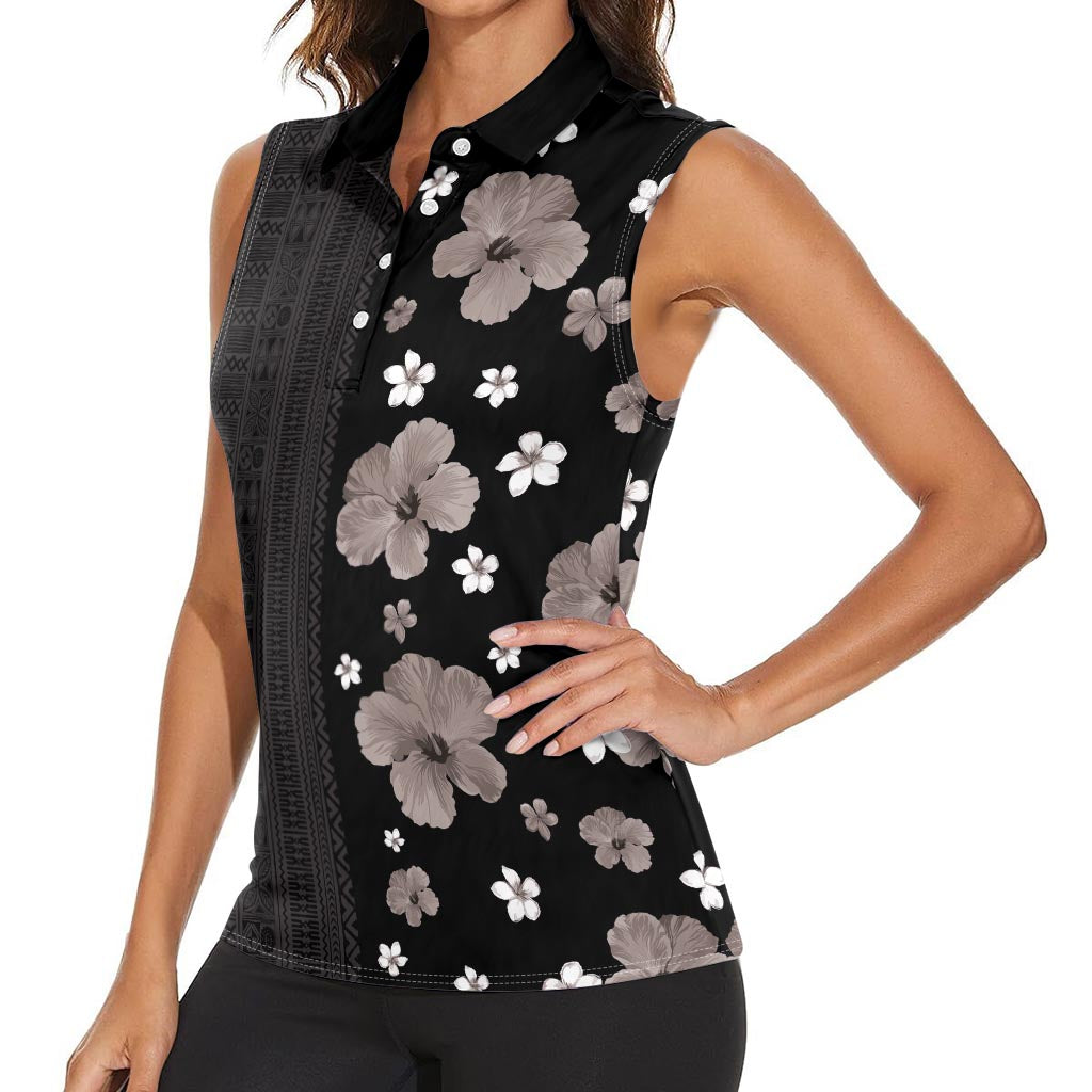 Hawaii Hibiscus and Plumeria Flowers Women Sleeveless Polo Shirt Tapa Tribal Pattern Half Style Grayscale Mode LT03 - Polynesian Pride