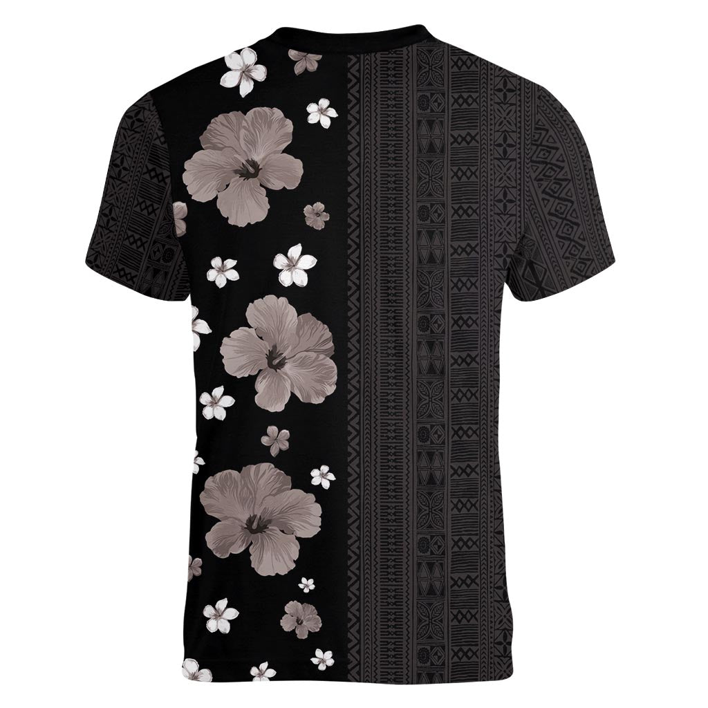 Hawaii Hibiscus and Plumeria Flowers Women V-Neck T-Shirt Tapa Tribal Pattern Half Style Grayscale Mode LT03 - Polynesian Pride