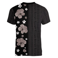 Hawaii Hibiscus and Plumeria Flowers Women V-Neck T-Shirt Tapa Tribal Pattern Half Style Grayscale Mode LT03 - Polynesian Pride