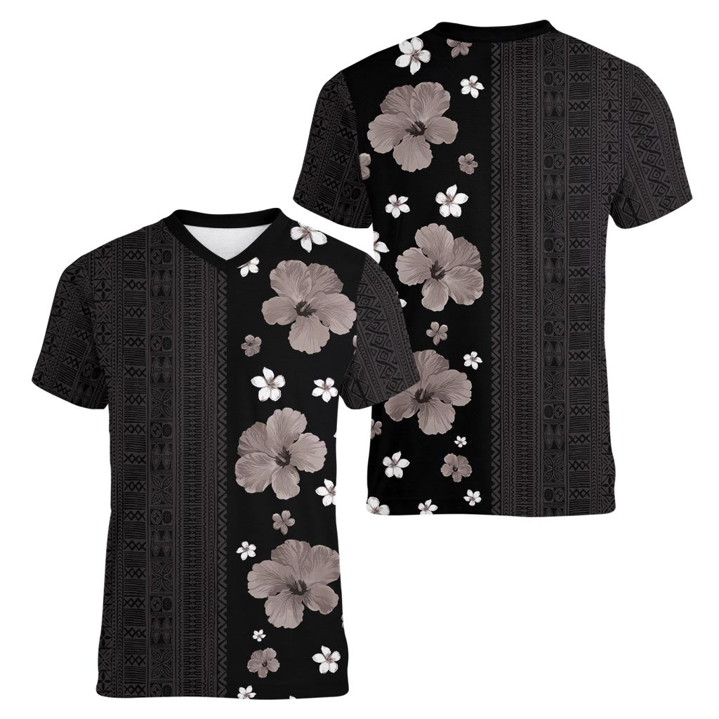 Hawaii Hibiscus and Plumeria Flowers Women V-Neck T-Shirt Tapa Tribal Pattern Half Style Grayscale Mode LT03 - Polynesian Pride