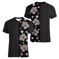 Hawaii Hibiscus and Plumeria Flowers Women V-Neck T-Shirt Tapa Tribal Pattern Half Style Grayscale Mode LT03 - Polynesian Pride