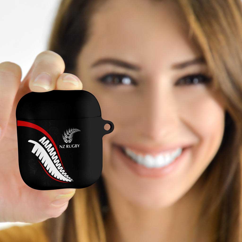 New Zealand Rugby AirPods Case Sporty Silver Fern Shape with Maori Tattoos LT03 Black - Polynesian Pride