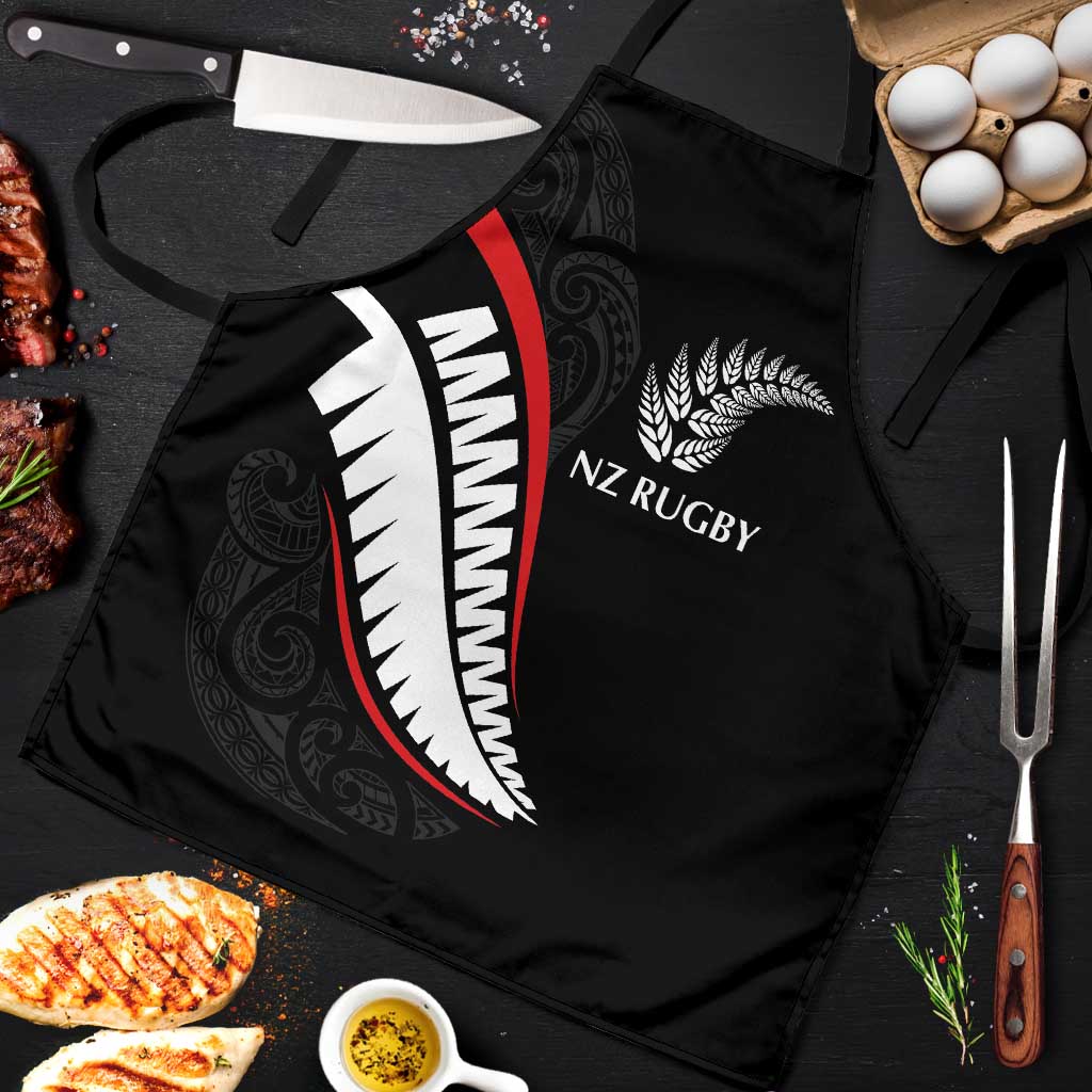 New Zealand Rugby Apron Sporty Silver Fern Shape with Maori Tattoos LT03 Black - Polynesian Pride