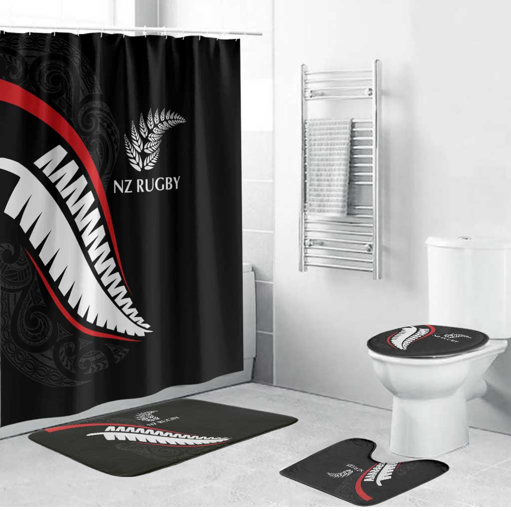 New Zealand Rugby Bathroom Set Sporty Silver Fern Shape with Maori Tattoos LT03 Bathroom Set (4 pcs) Black - Polynesian Pride