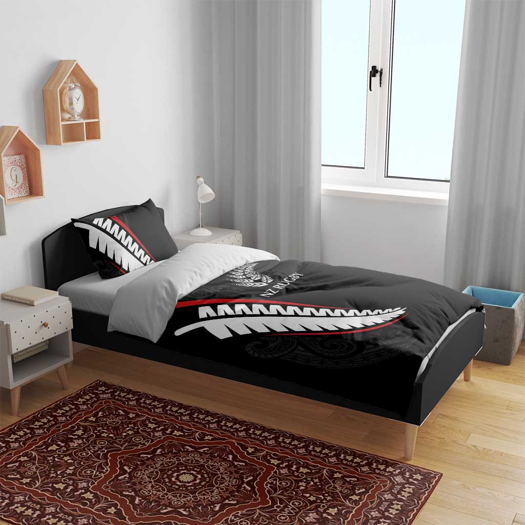 New Zealand Rugby Bedding Set Sporty Silver Fern Shape with Maori Tattoos - Polynesian Pride